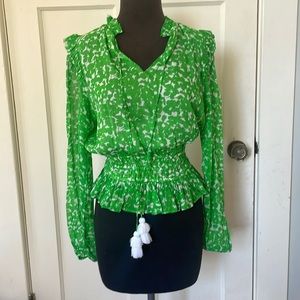 Green and White print blouse